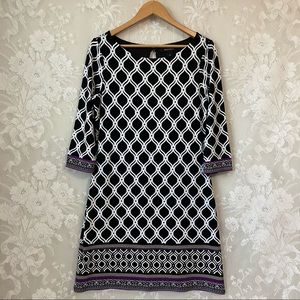 WHBM Black White Purple Print 3/4 Sleeves Dress M
